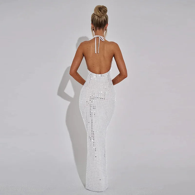 שמלת מקסי קולר גב פתוח בעיצוב רבועים מנצנצים - קייסי