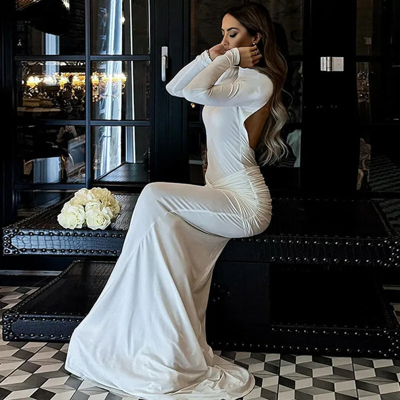 שמלת מקסי צווארון גולף גב פתוח בעיטור כיווצים - אילאיל