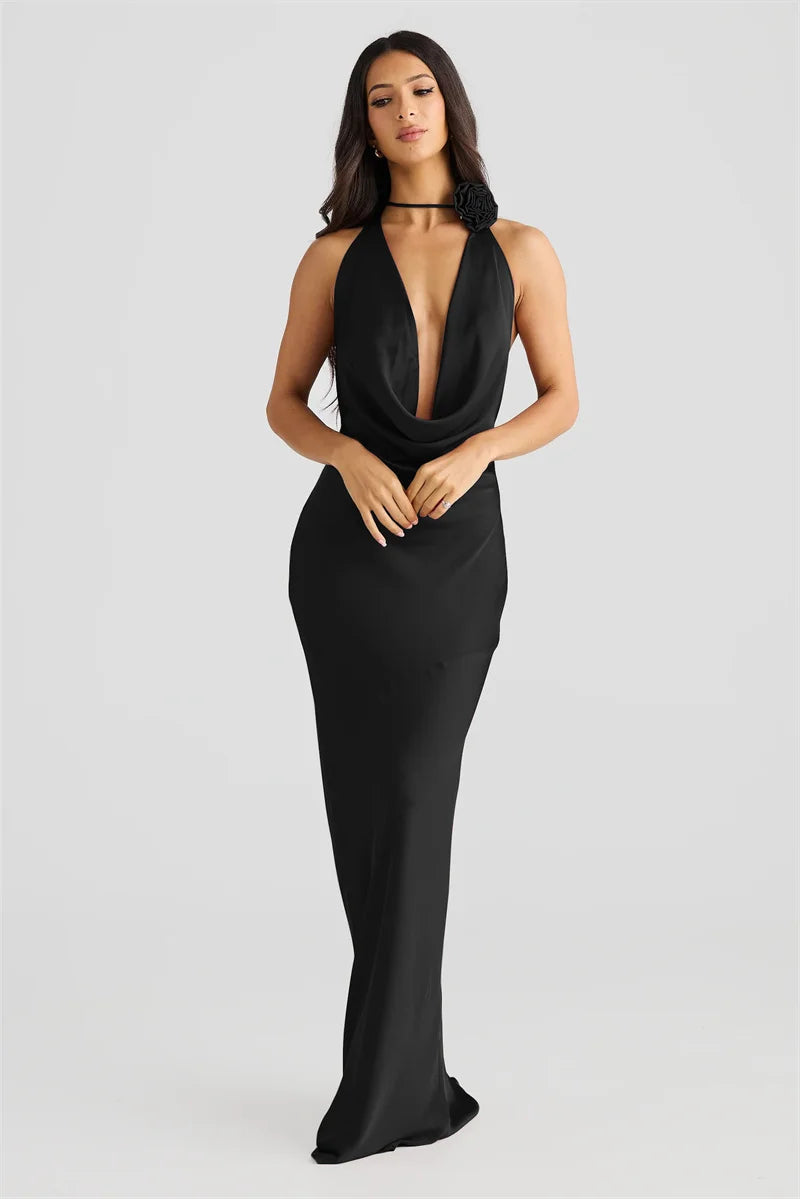 שמלת מקסי סאטן גב פתוח צווארון נופל - פאולה