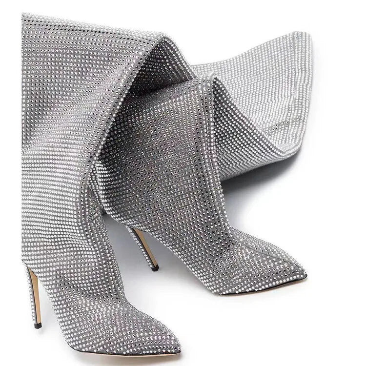 מגפי עקב שפיץ גבוהים בעיצוב זרקונים מנצנצים - Josie