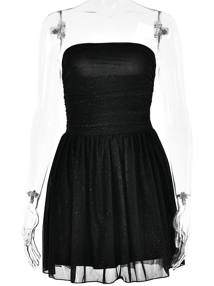 שמלת מיני סטרפלס נצנצים בעיטור קשירה מאחורה - דיימונד