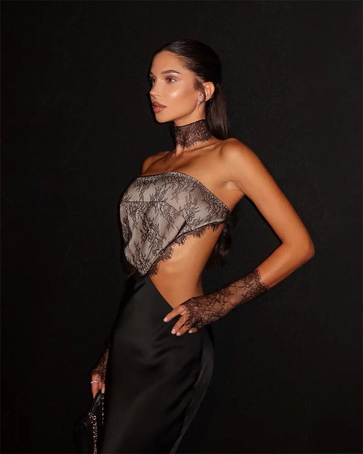 Strapless satin maxi dress in lace design with gloves and collar - GEE