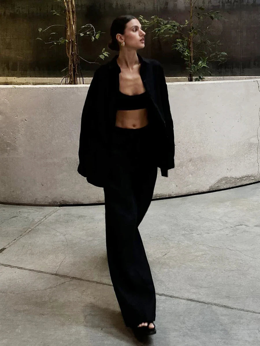 חליפת פשתן 2 חלקים חולצה ומכנסיים ארוכים - צוף