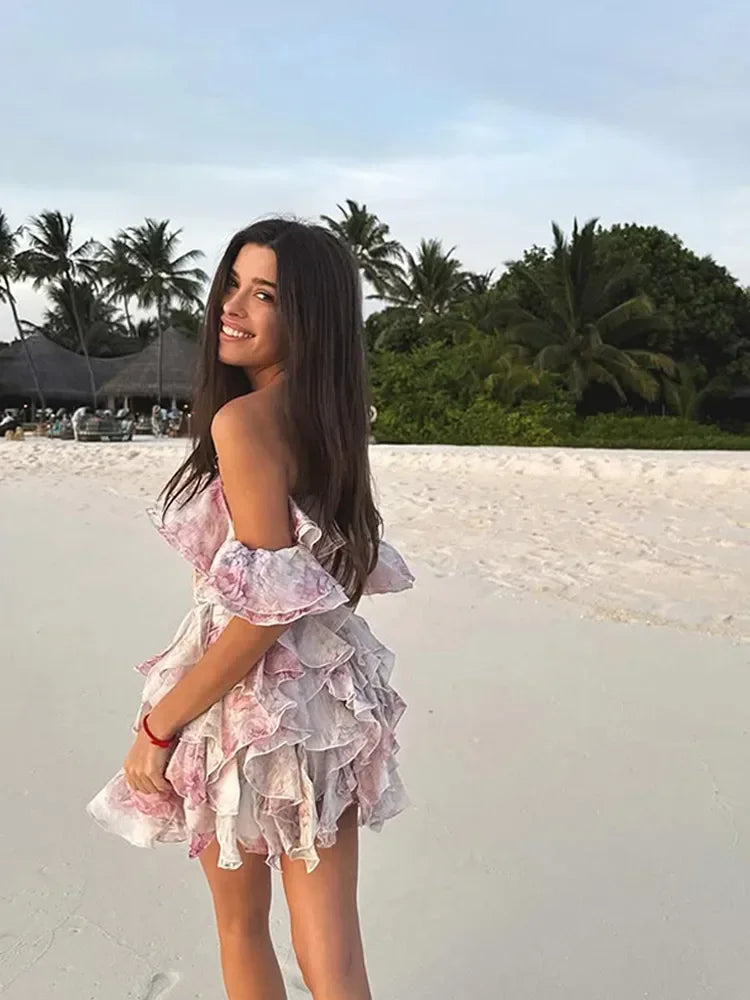 שמלת מיני מלמלה כתפיים חשופות בעיצוב פרחוני - ליסה