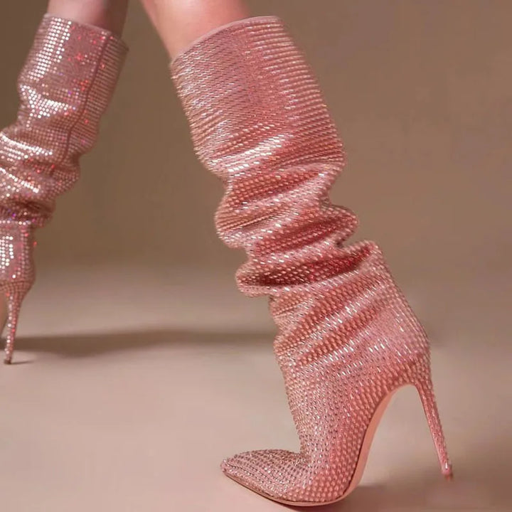 High-heeled pointed-toe boots with glittery rhinestones - Josie