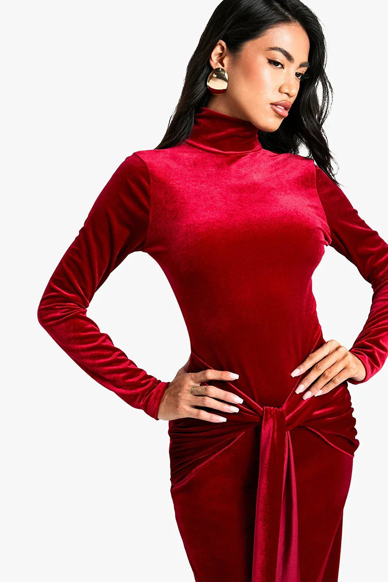 שמלת מקסי קטיפה צווארון גולף בעיצוב קשירה - קארינה