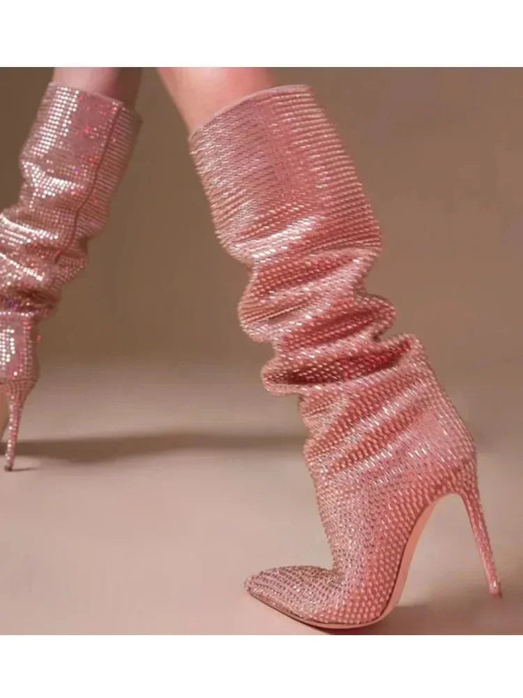 High-heeled pointed-toe boots with glittery rhinestones - Josie