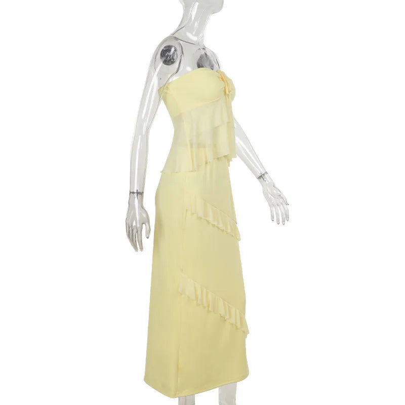 סט שני חלקים טופ סטרפלס וחצאית מקסי בעיטור מלמלה - סאני