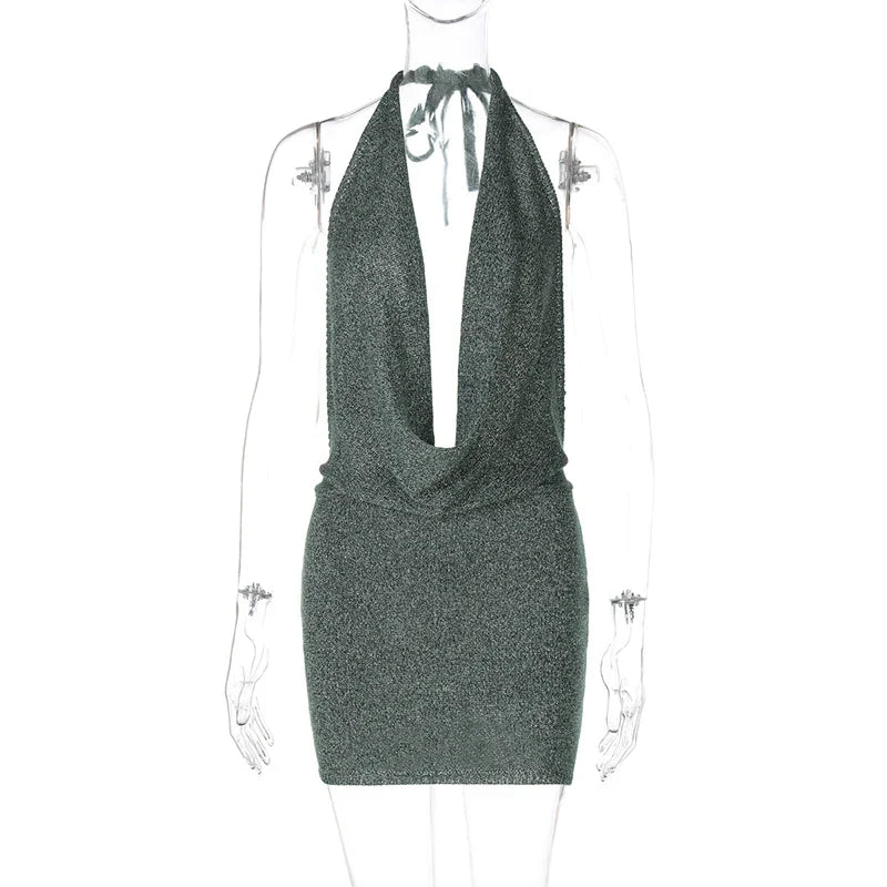 שמלת מיני סרוגה נצנצים צווארון נופל גב פתוח - קסם