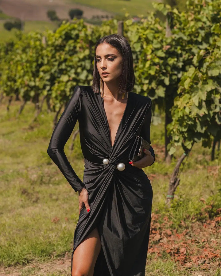 Deep Slit Wrap Maxi Evening Dress with Pearl Embellishment - Simona