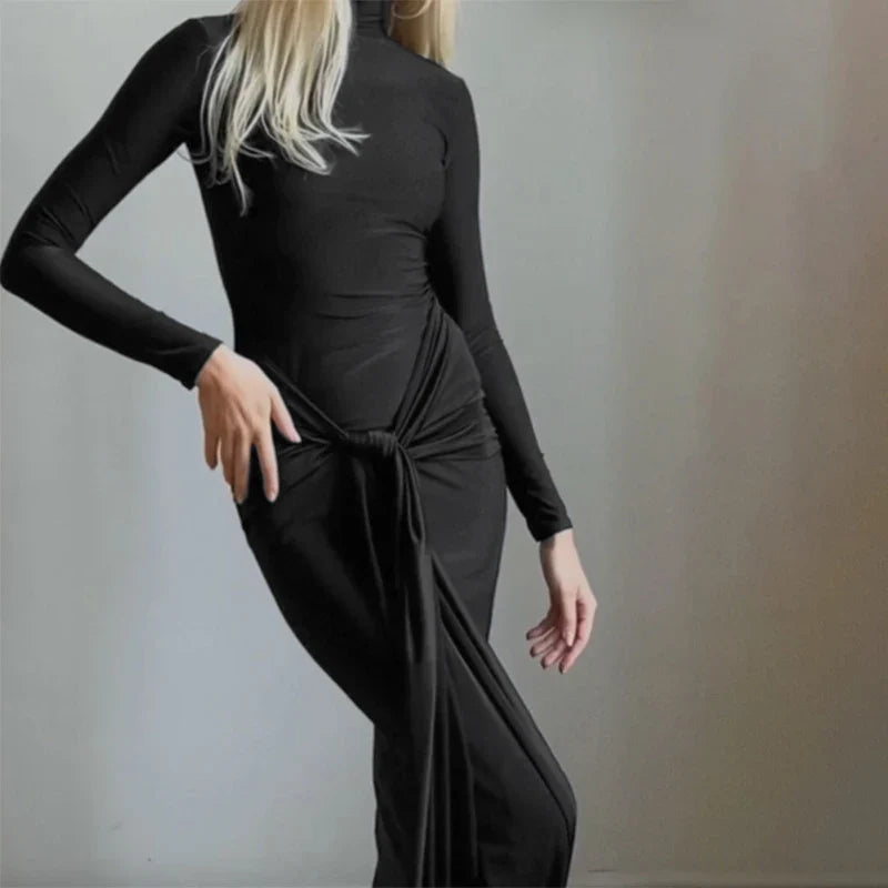 שמלת מקסי צווארון גולך בעיצוב כיווצים וקשירה - מרגריטה