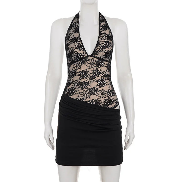 Pleated mini dress in lace bodysuit design - LISS