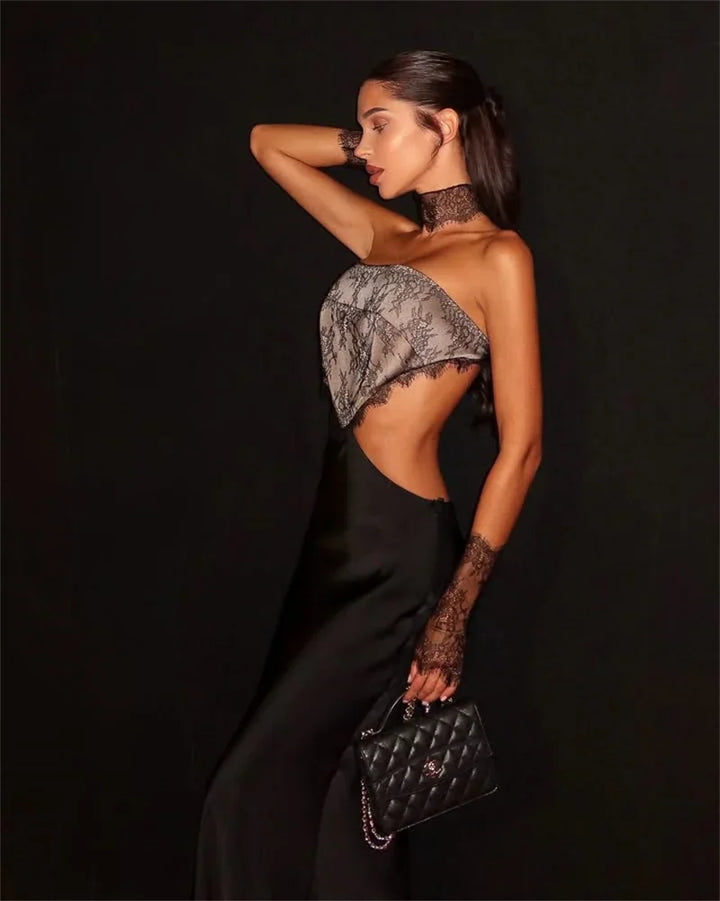 Strapless satin maxi dress in lace design with gloves and collar - GEE