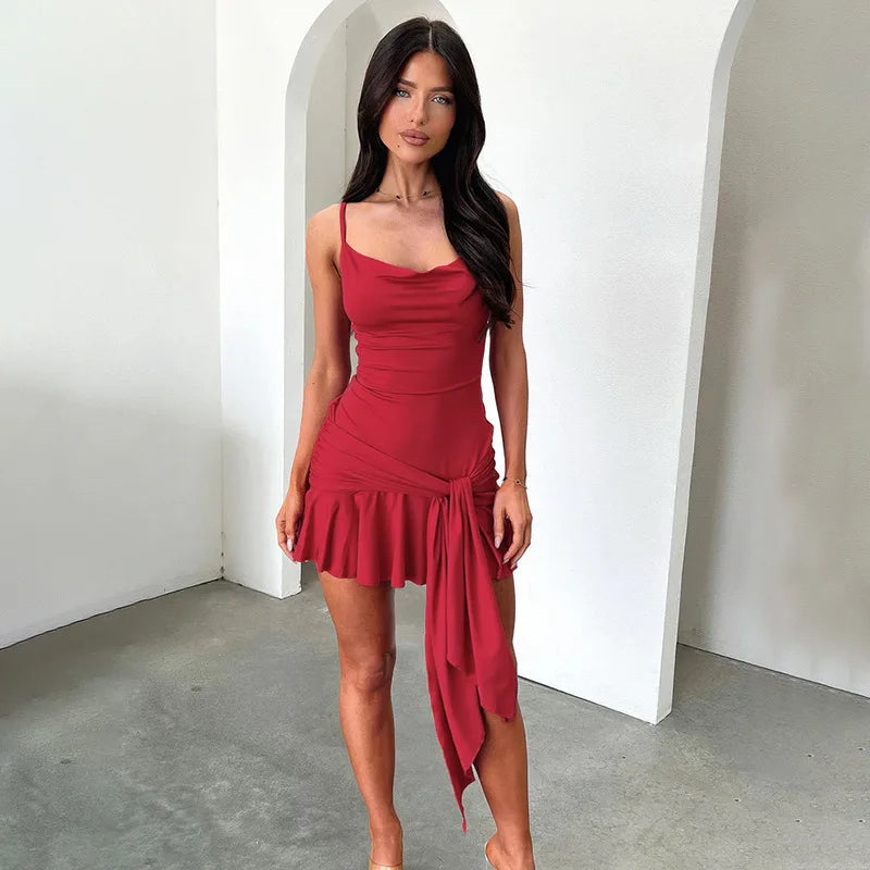 שמלת מיני מלמלה בעיטור קשירה כתפיות ספגטי - Selena