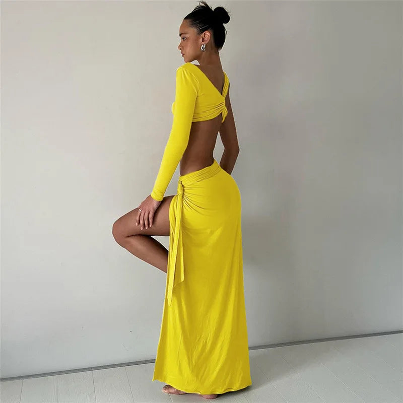 סט שני חלקים חצאית מקסי שסע עמוק וטופ בעצוב מיוחד שרוול אחד - שרה לי