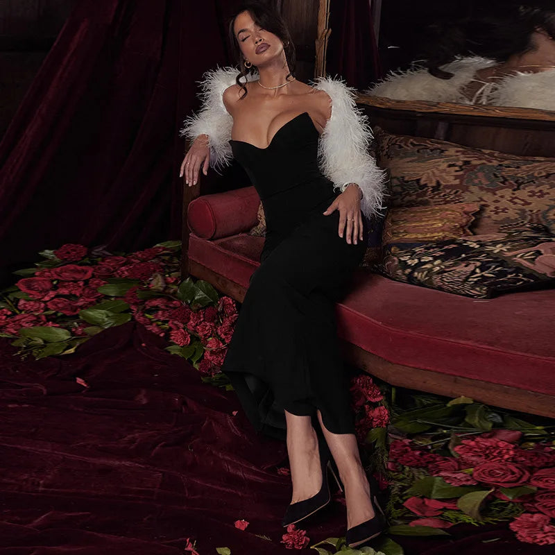 שמלת ערב מקסי סטרפלס מחויטת בד מחטב ומחמיא - ג'ון