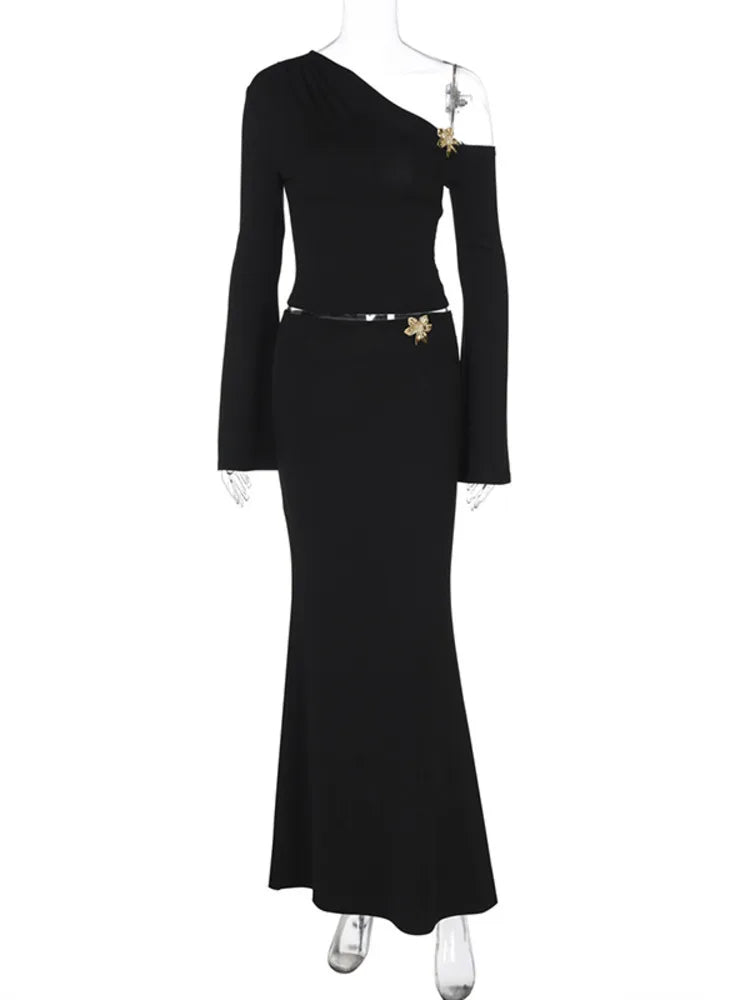 סט שני חלקים בעיטור אבזמי פרחים זהובים חולצה בעיצוב כתף חשופה וחצאית מקסי - צליל