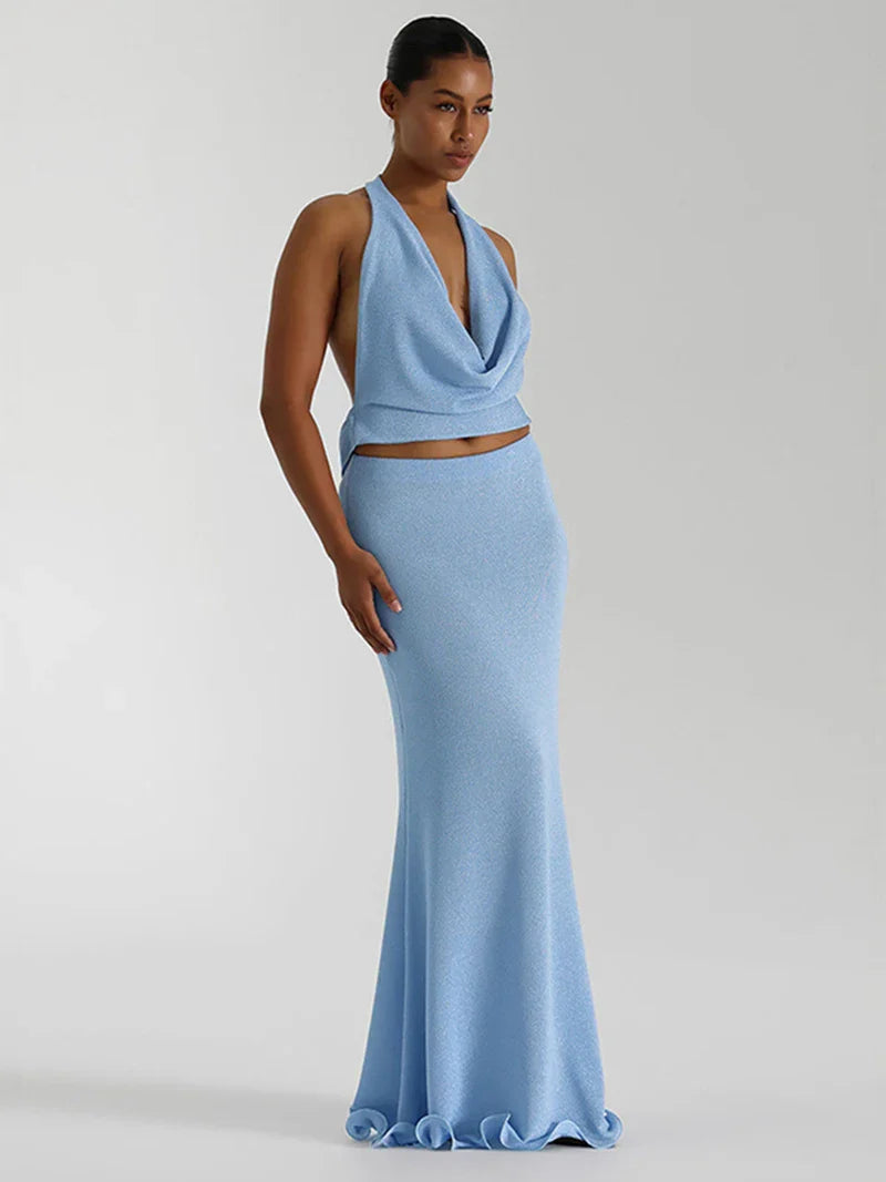 סט שני חלקים בעיצוב בד נשפך טופ צווארון נופל גב פתוח וחצאית מקסי - סקרלט