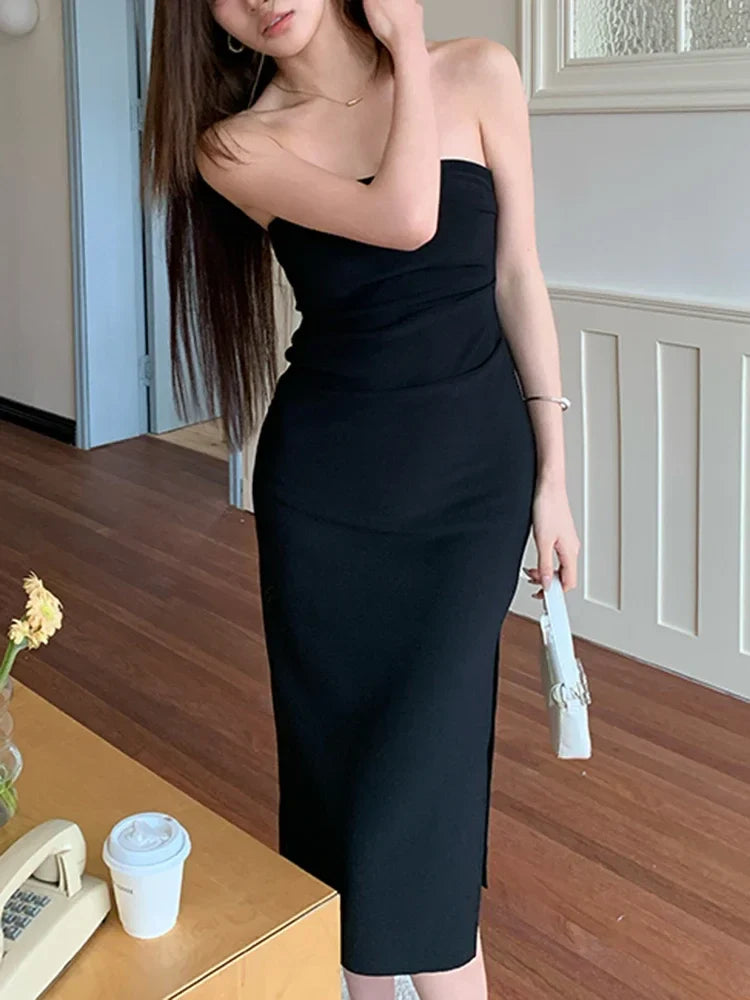 שמלת מידי סטרפלס אלגנטית בעיטור שסע - קורל