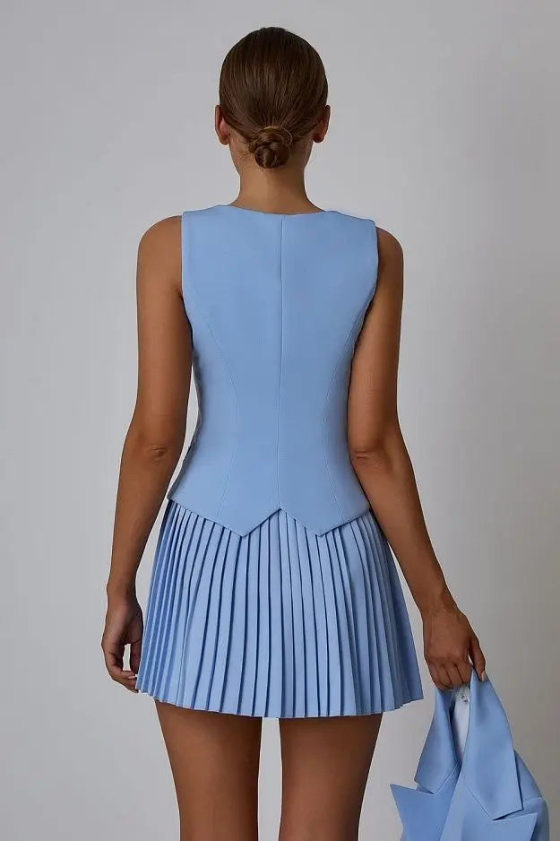 סט שני חלקים מחויט חצאית מיני קיפולים ווסט כפתורים - Jacqueline