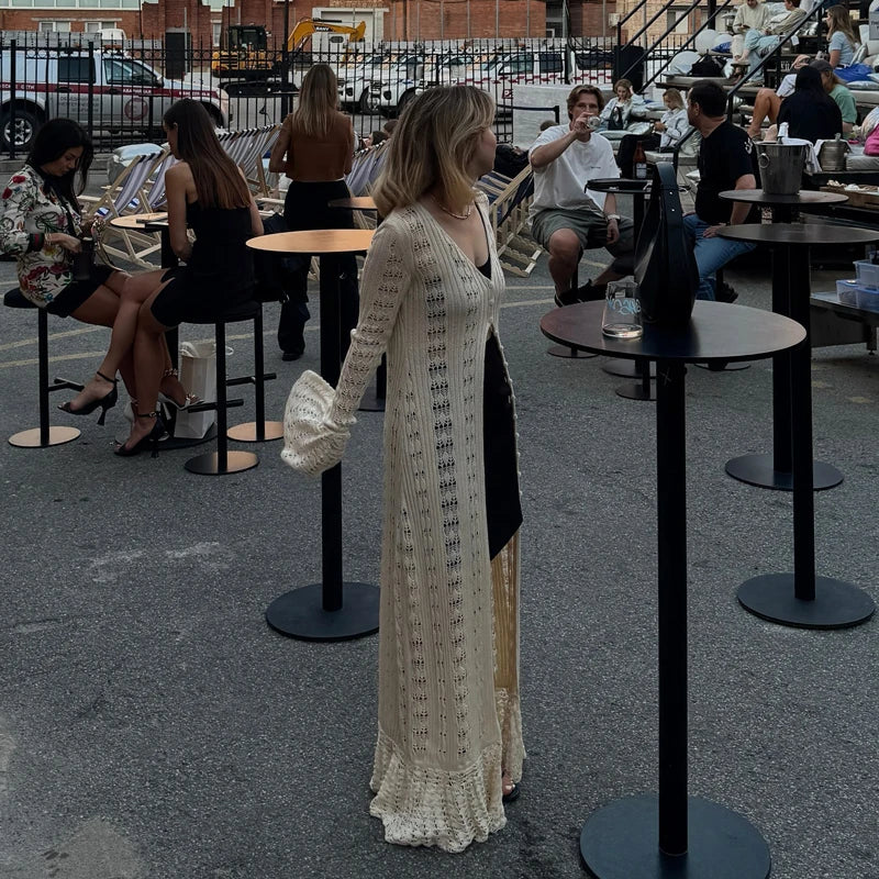 שמלת / עליונית מקסי קרושה סרוגה סגירת כפתורים - דוון