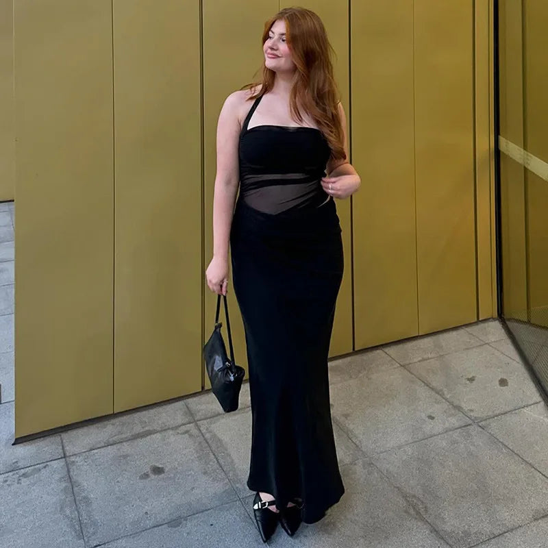 שמלת מקסי סאטן כיווצים בעיצוב רשת בחלק העליון גב פתוח - Arya