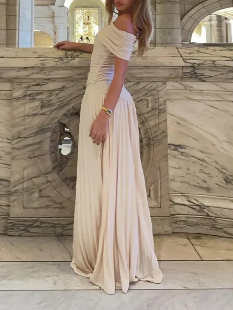 שמלת מקסי סרוגה כיווצים אלגנטית כתפיים חשופות - אלינור