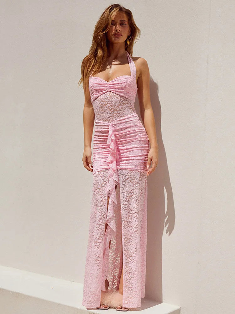 שמלת מקסי תחרה בעיצוב שסע בעיטור מלמלה - רוזלין