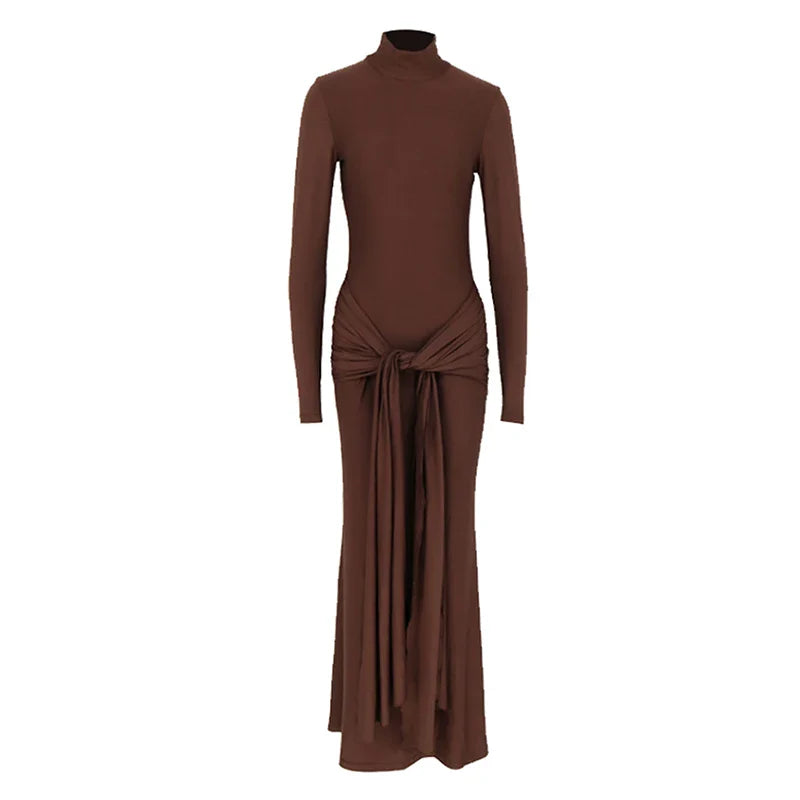 שמלת מקסי צווארון גולך בעיצוב כיווצים וקשירה - מרגריטה