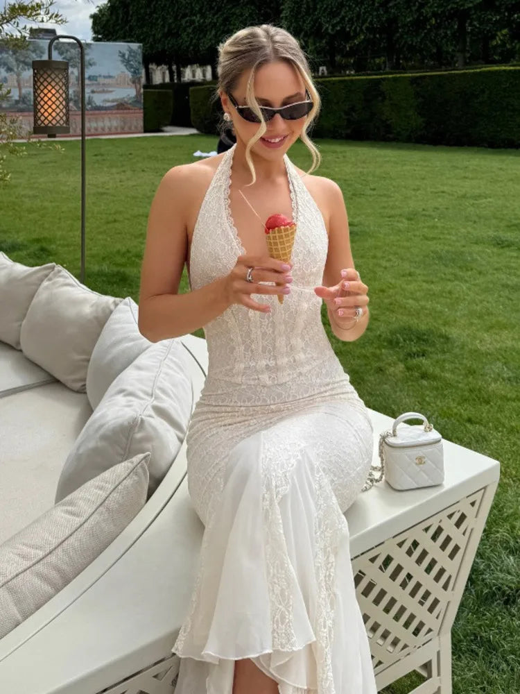 שמלת מקסי תחרה קשירה בצוואר גב פתוח - וונילה