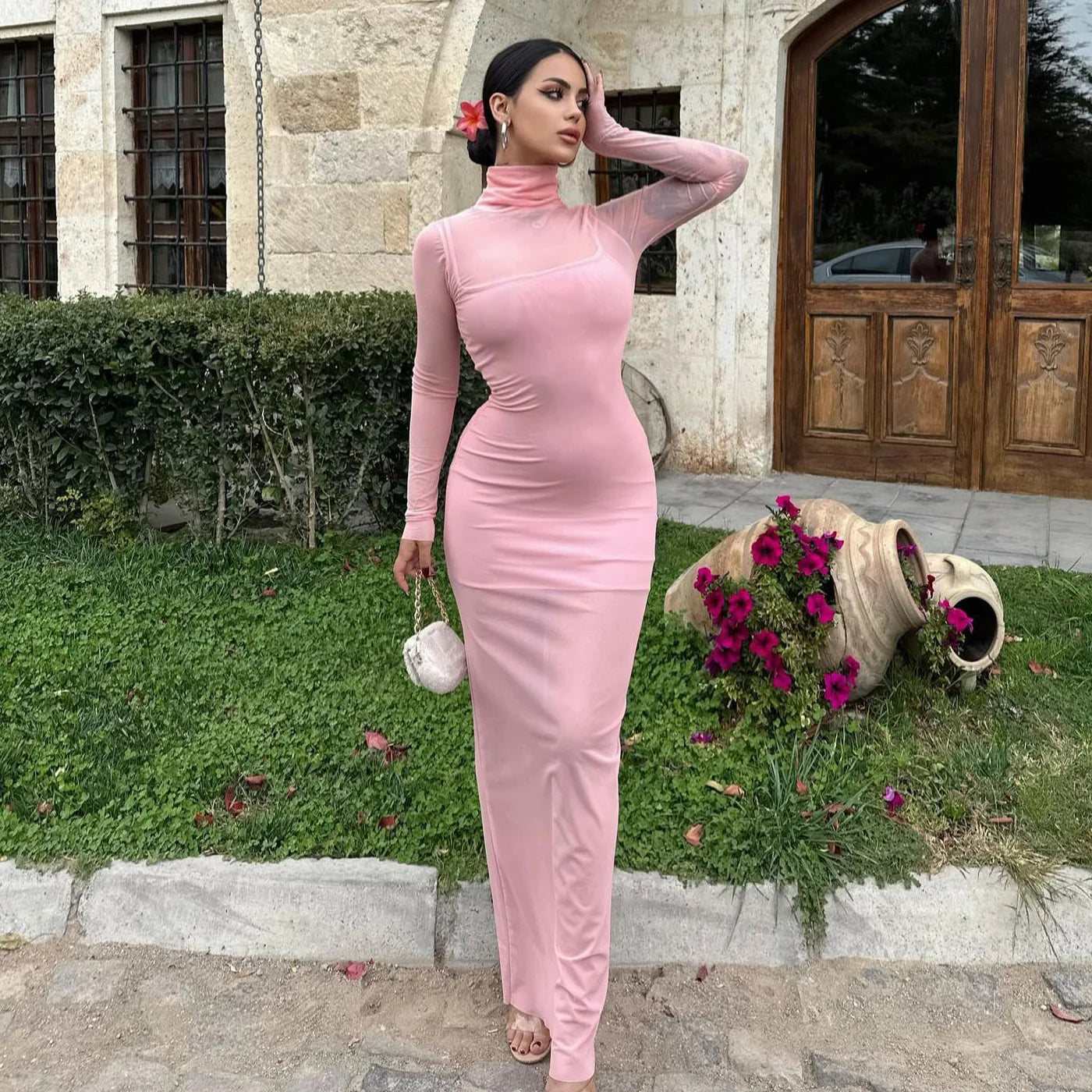 שמלת מקסי רשת בשילוב תחתית צווארון גולף - Isabella