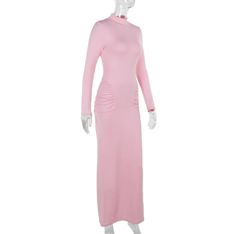 שמלת מקסי גולף בעיטור כיווצים - ורדית