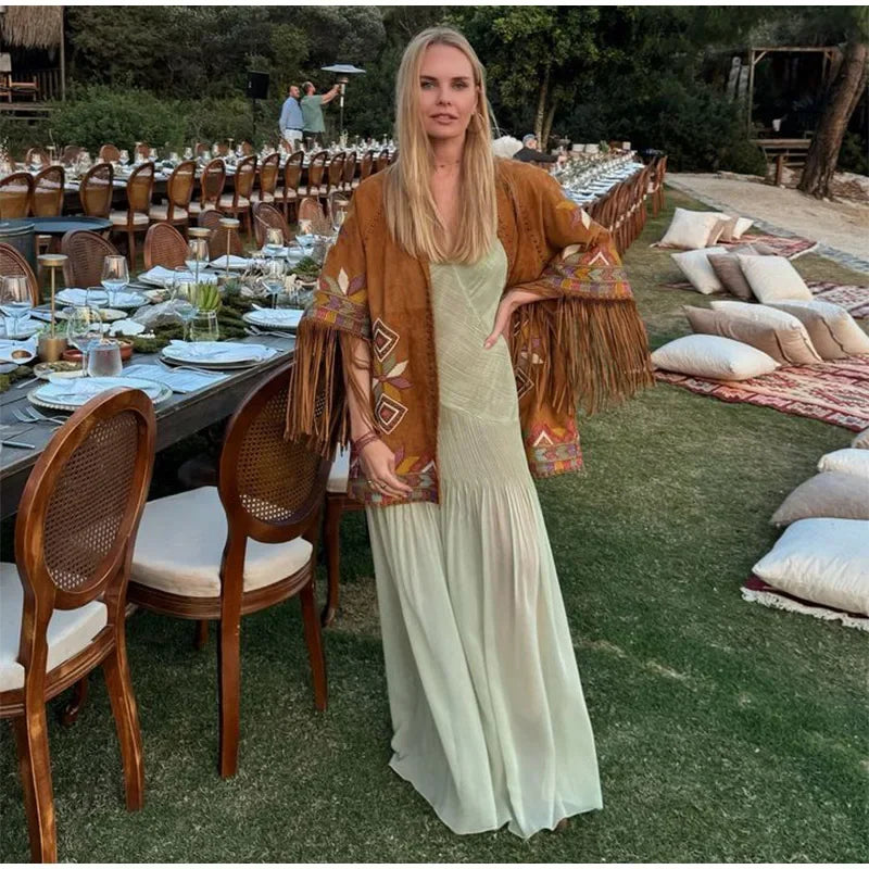 שמלת מקסי שיפון בעיצוב כיווצים ושסע סטייל בוהו שיק - חלי