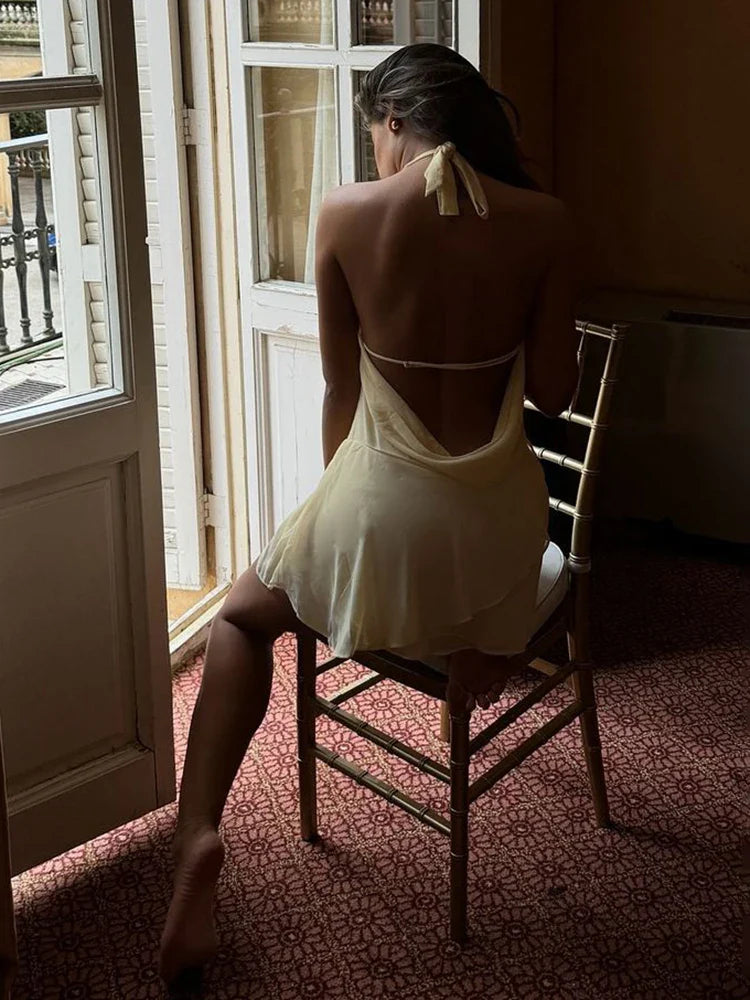 שמלת מיני מלמלה שיפון צווארון נופל גב פתוח - Juliana