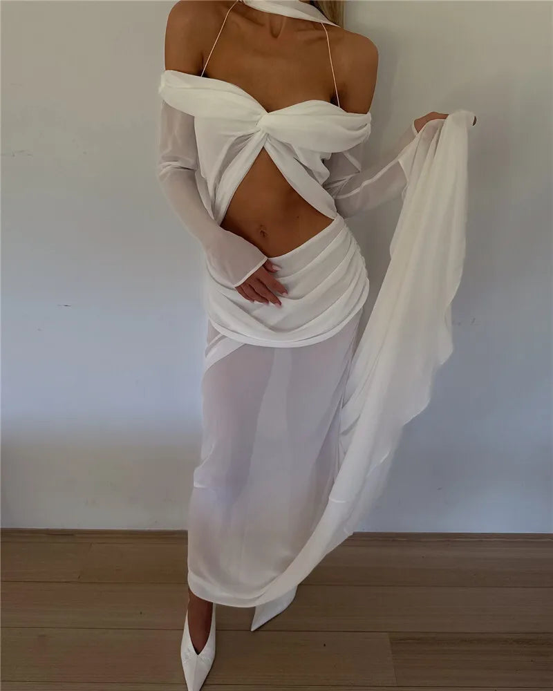 שמלת מקסי שיפון בעיצוב קיפולים ופתח כתפיים חשופות - וולנס