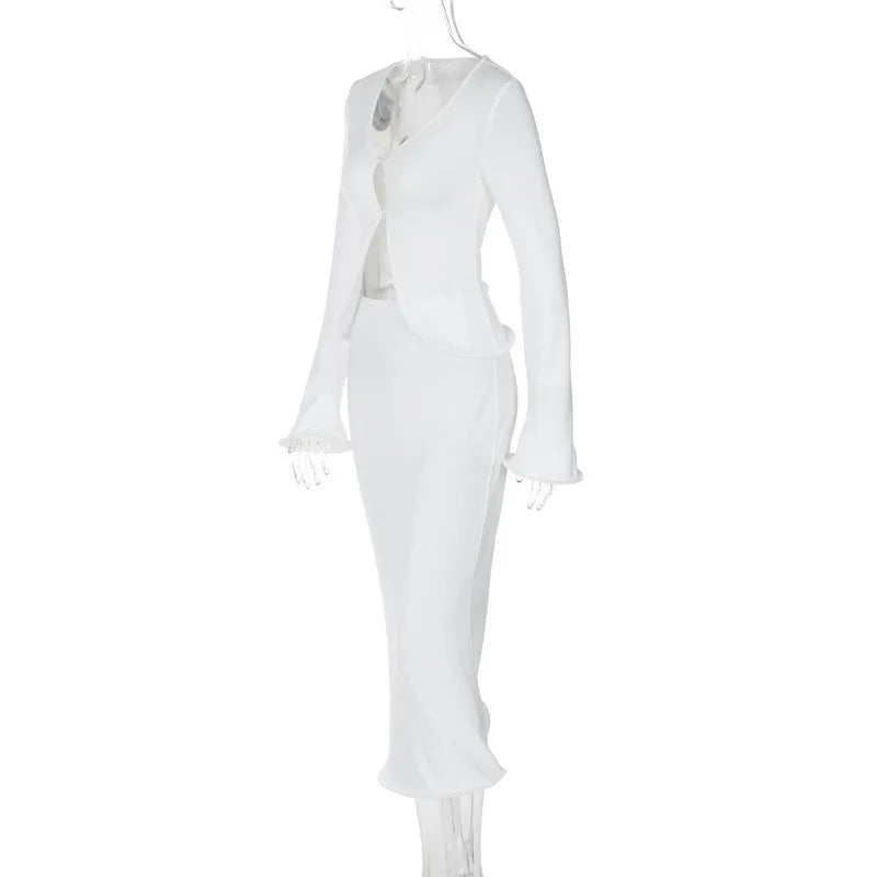 סט שני חלקים סרוג חולצה בסגירת כפתורים וחצאית מקסי - PARIS