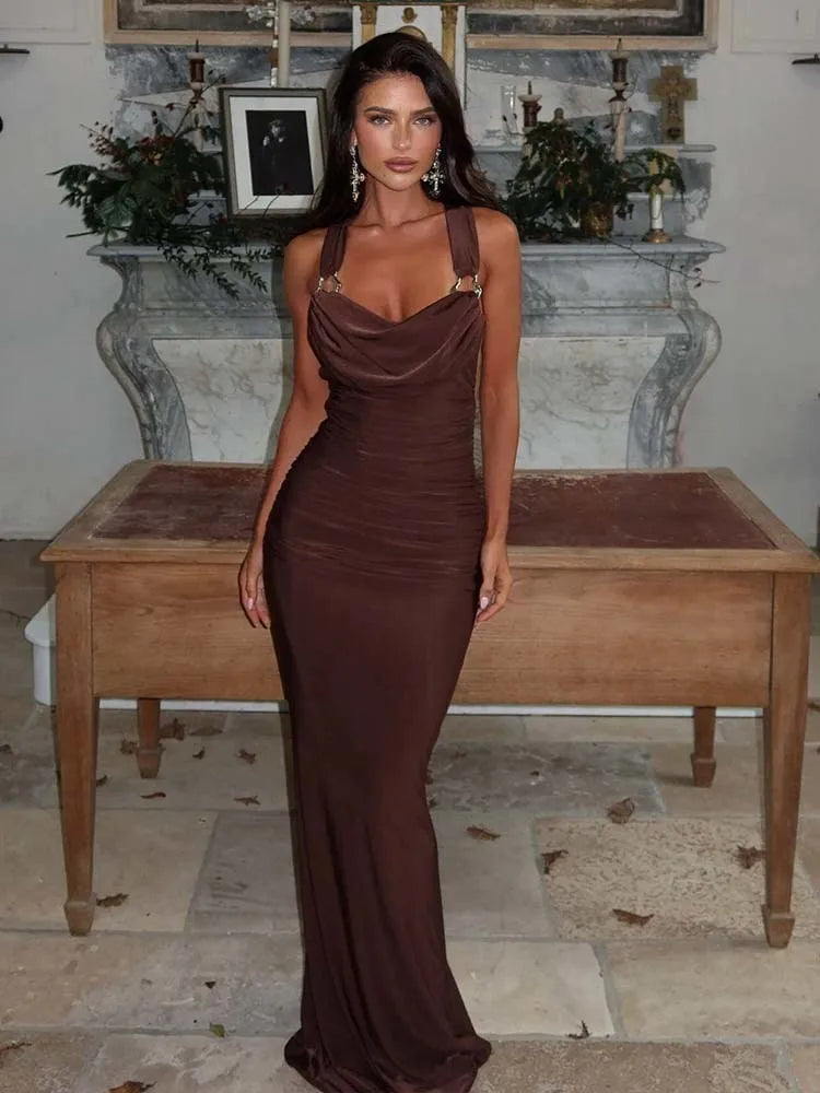 שמלת מקסי גב פתוח בעיטור אבזמים בכתפיות - גרייס