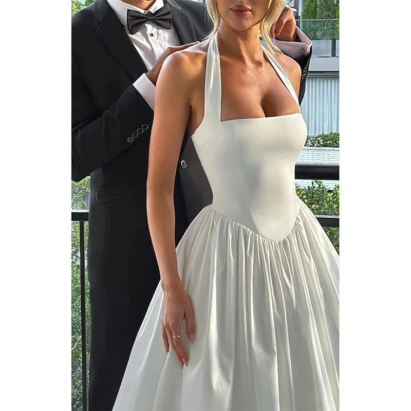 שמלת מידי בגזרת A גב פתוח קשירה בצוואר - Angie