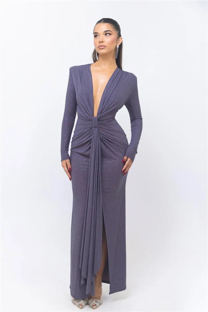 שמלת מקסי נצנצים בעיצוב כיווצים מחשוף V עמוק - אריקה