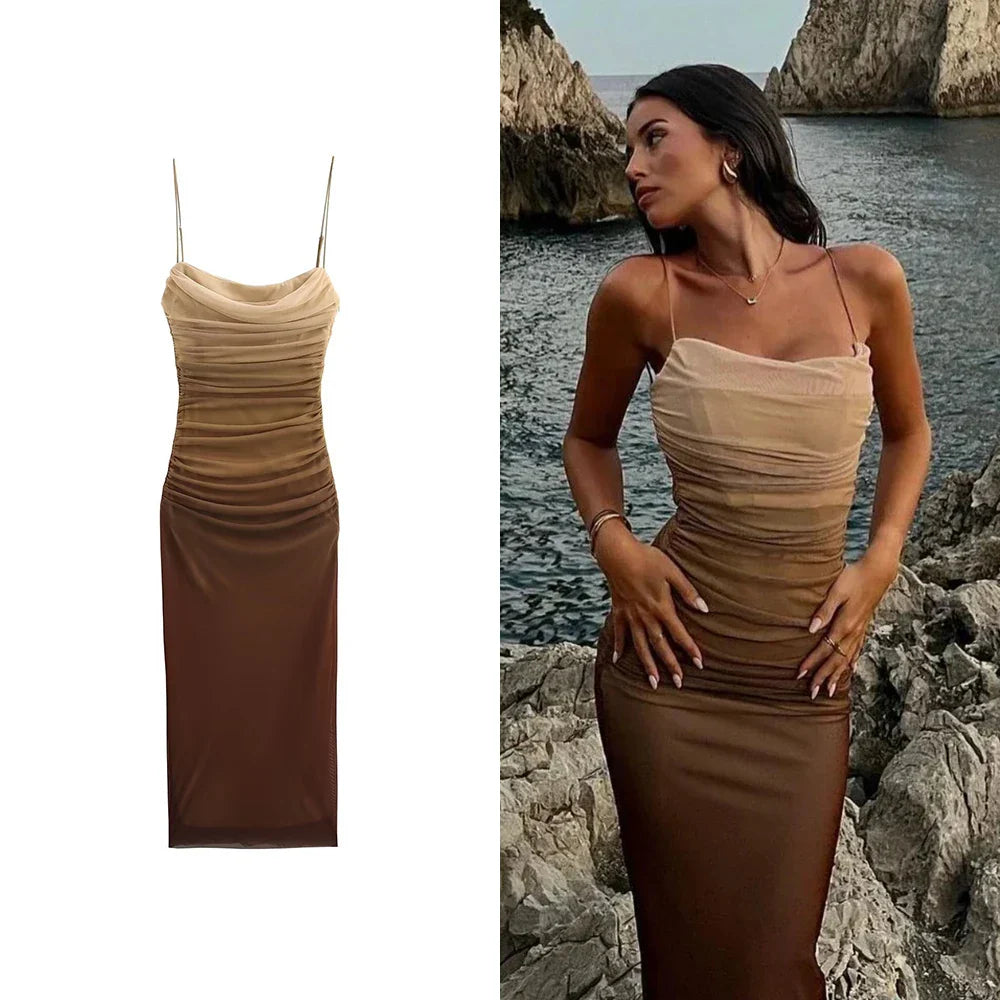 שמלת מקסי שיפון כיווצים כתפיות ספגטי בצבעי אומברה - אוליביה