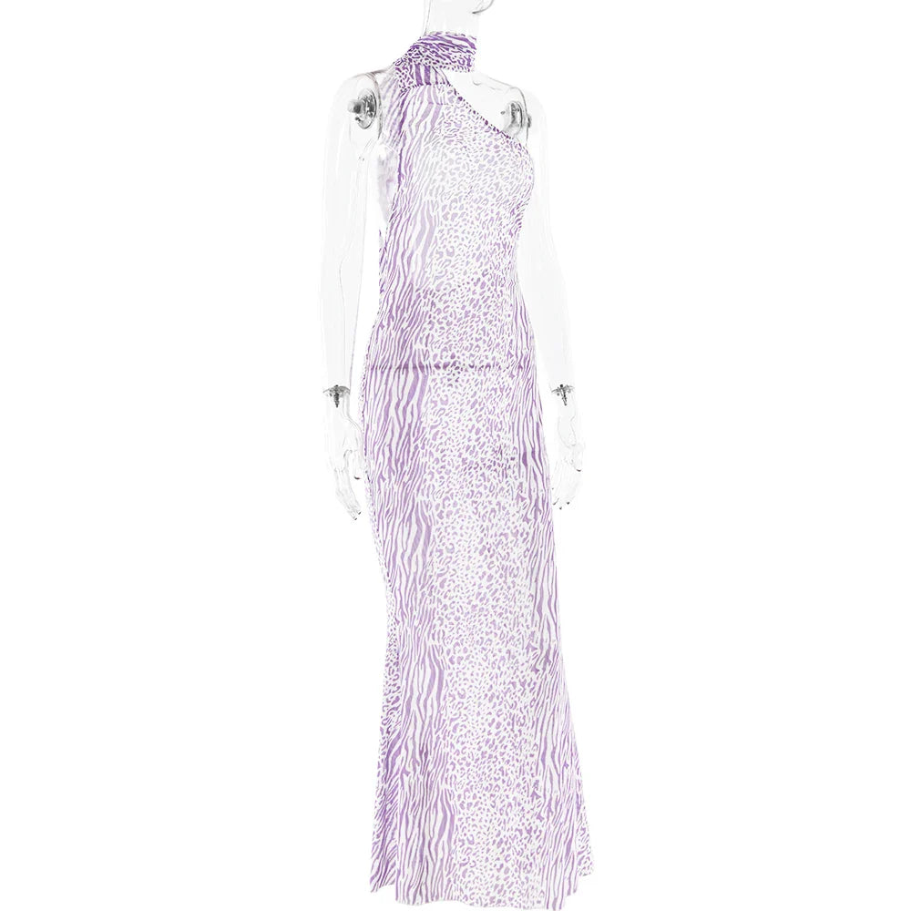 שמלת מקסי רשת מנומרת גב פתוח קשירה בצוואר - Jessica