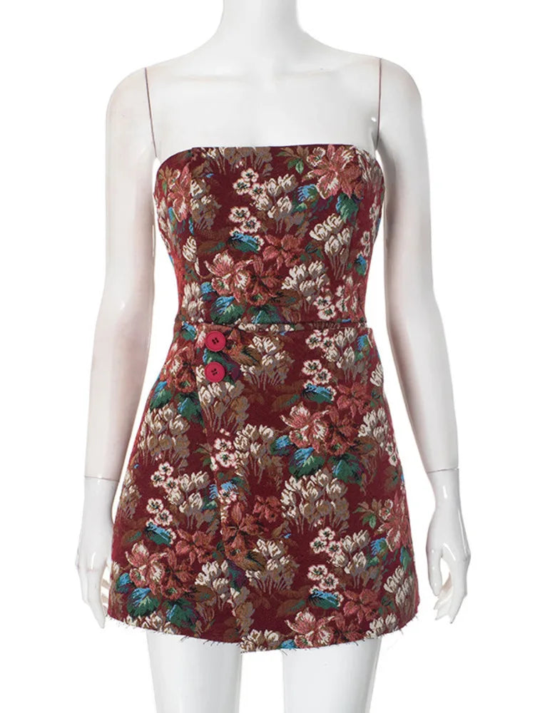 שמלת מיני סטרפלס בסגנון וינטג' בעיצוב רקמת פרחים - יולנדה