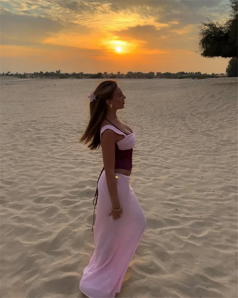 סט שני חלקים חולצה בעיצוב סאטן וחצאית מקסי בעיטור שיפון - מקסימה