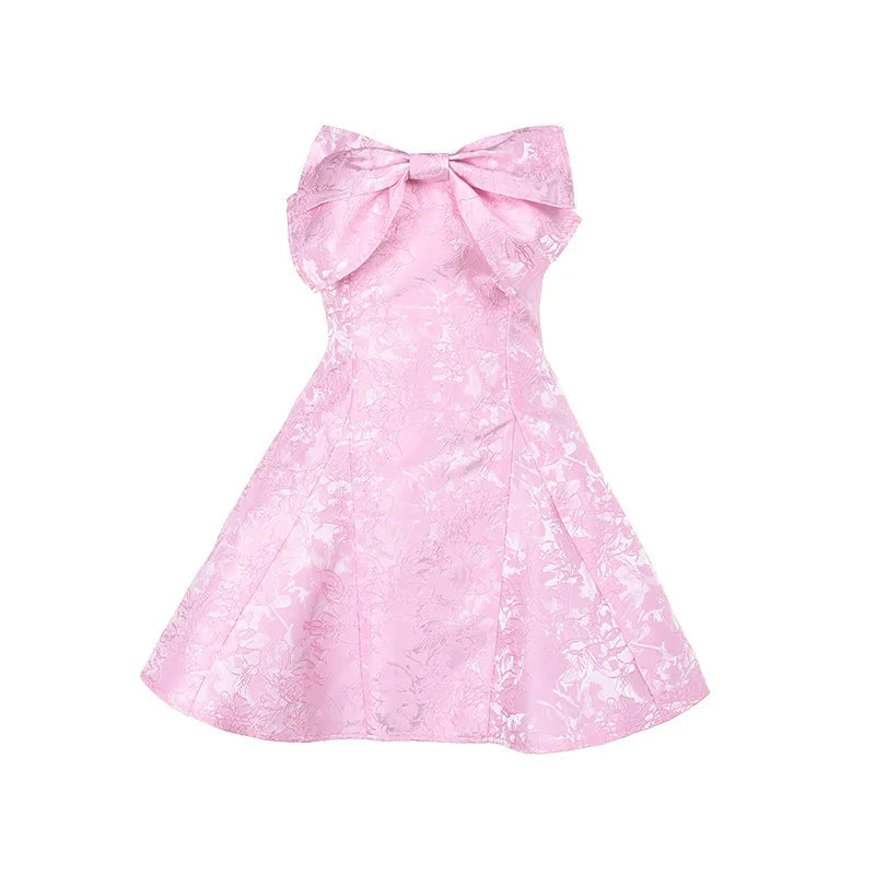 שמלת מיני סטרפלס בגזרת A בעיטור פפיון ורקמת איורי פרחים - אלינה