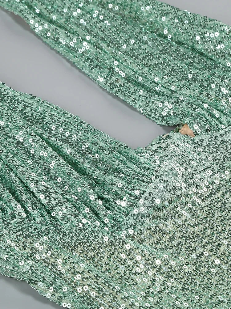 שמלת מקסי פייטים צמודה מחשוף עמוק - גרין