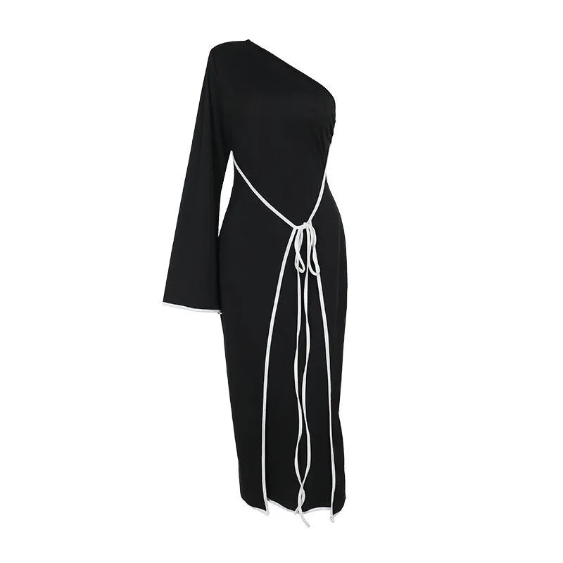 שמלת מידי סרוגה שרוול אחד בעיטור קשירת מעטפת - תהילה