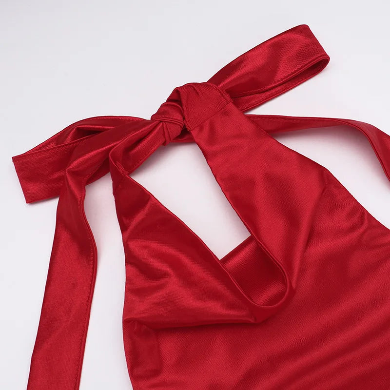 שמלת מקסי סאטן גב פתוח בעיצוב קולר ושסע  - נסטיה