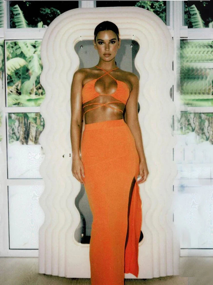 סט שני חלקים סרוג טופ קשירות וחצאית מקסי שסע - ירינה