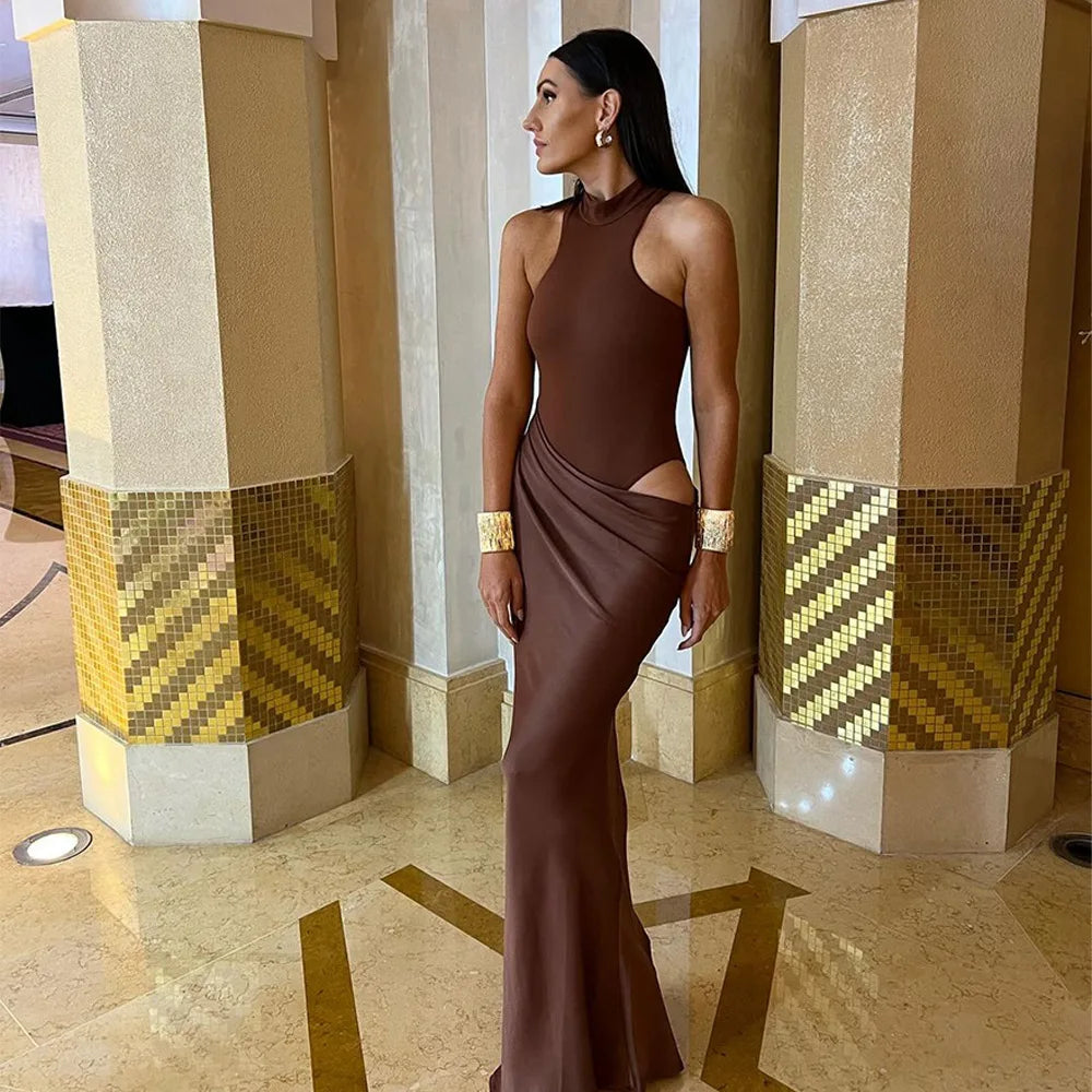 שמלת מקסי בעיצוב בגד גוף צמוד וחצאית סאטן - מריס