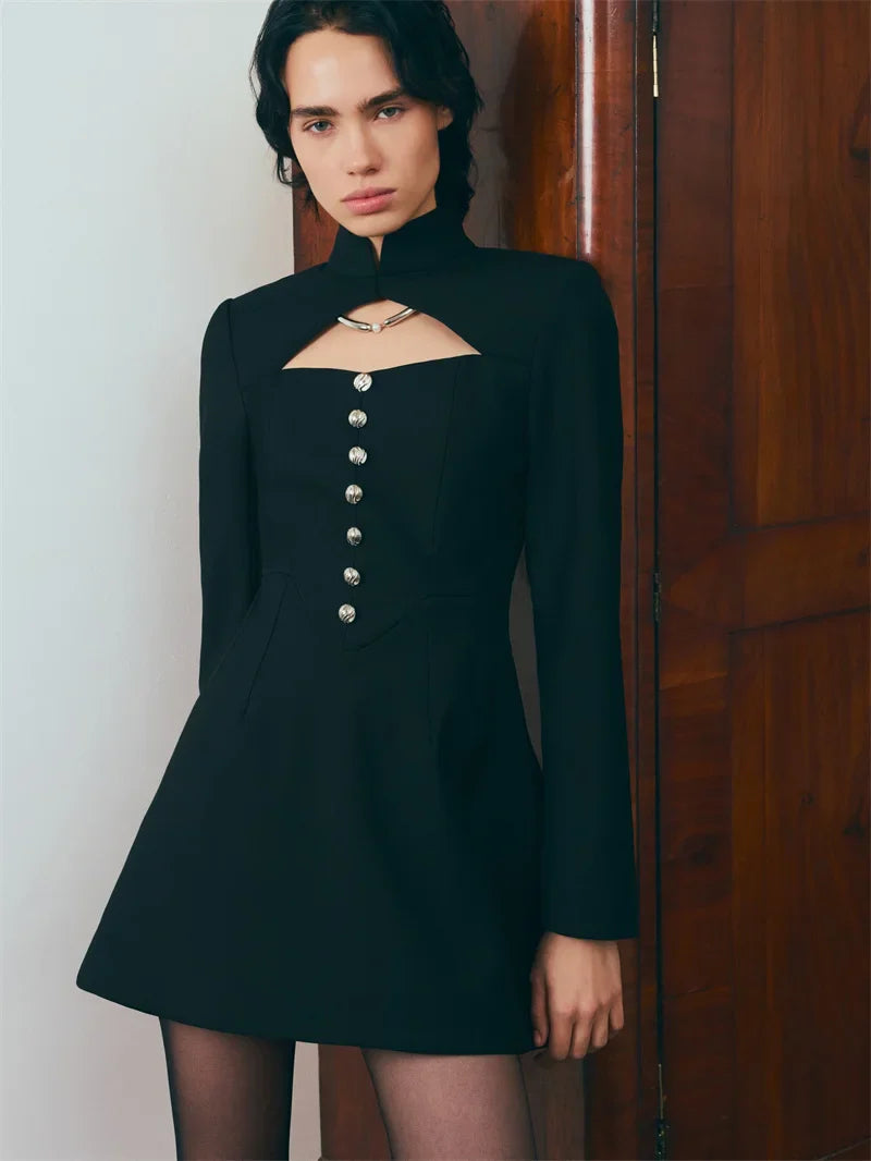 A-line tailored turtleneck mini dress with button detail - Mary Lane